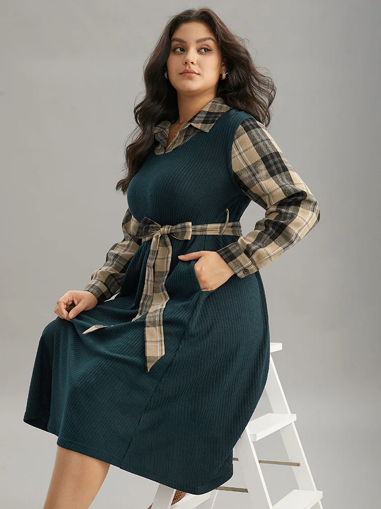 Plaid Patchwork Rib Knit Shirt Collar Belted Dress - Image 3