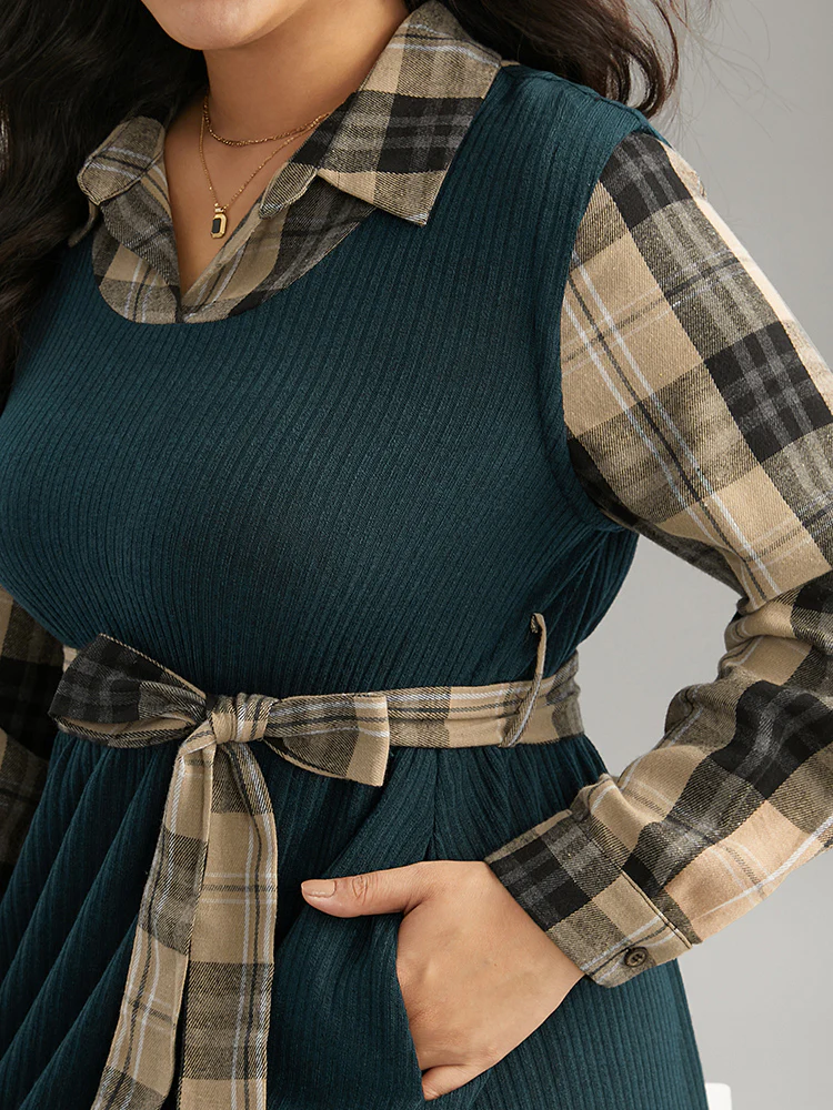 Plaid Patchwork Rib Knit Shirt Collar Belted Dress - Image 4