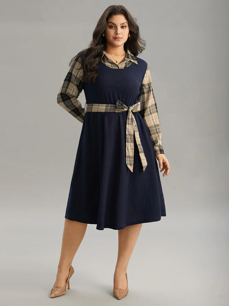 Plaid Patchwork Rib Knit Shirt Collar Belted Dress - Image 5