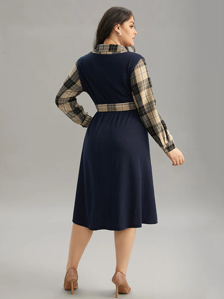 Plaid Patchwork Rib Knit Shirt Collar Belted Dress - Image 6