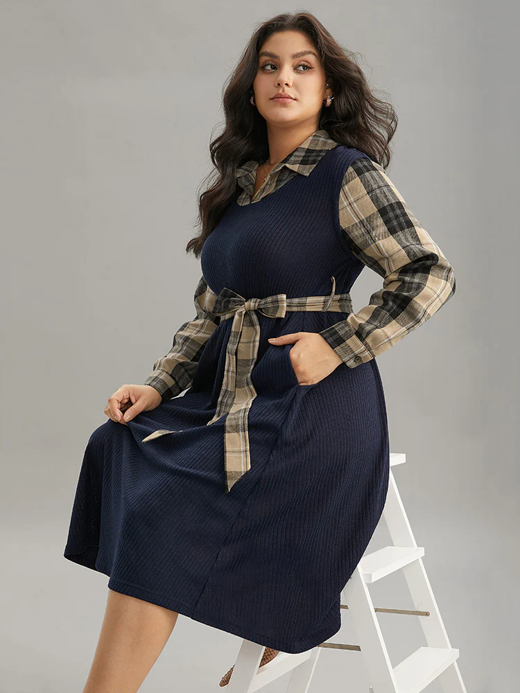 Plaid Patchwork Rib Knit Shirt Collar Belted Dress - Image 7