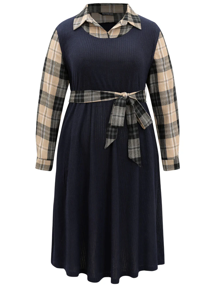 Plaid Patchwork Rib Knit Shirt Collar Belted Dress - Image 9