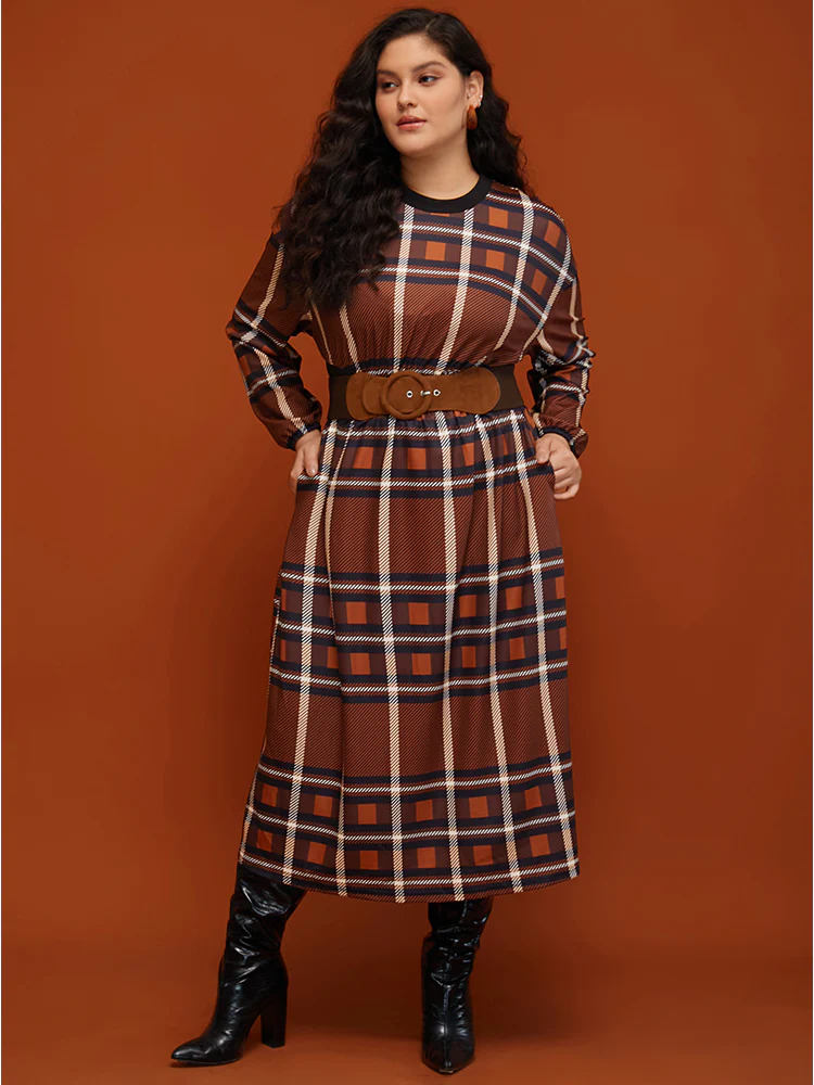 Plaid Patchwork Round Neck Lantern Sleeve Pocket Midi Dress