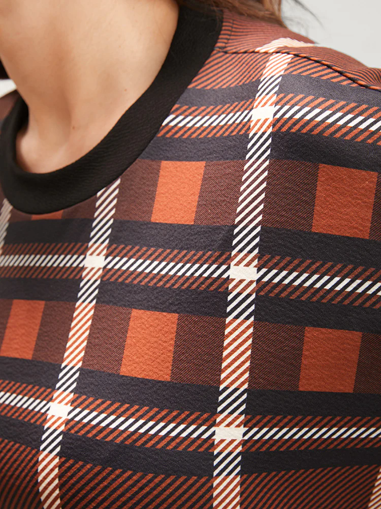 Plaid Patchwork Round Neck Lantern Sleeve Pocket Midi Dress - Image 10