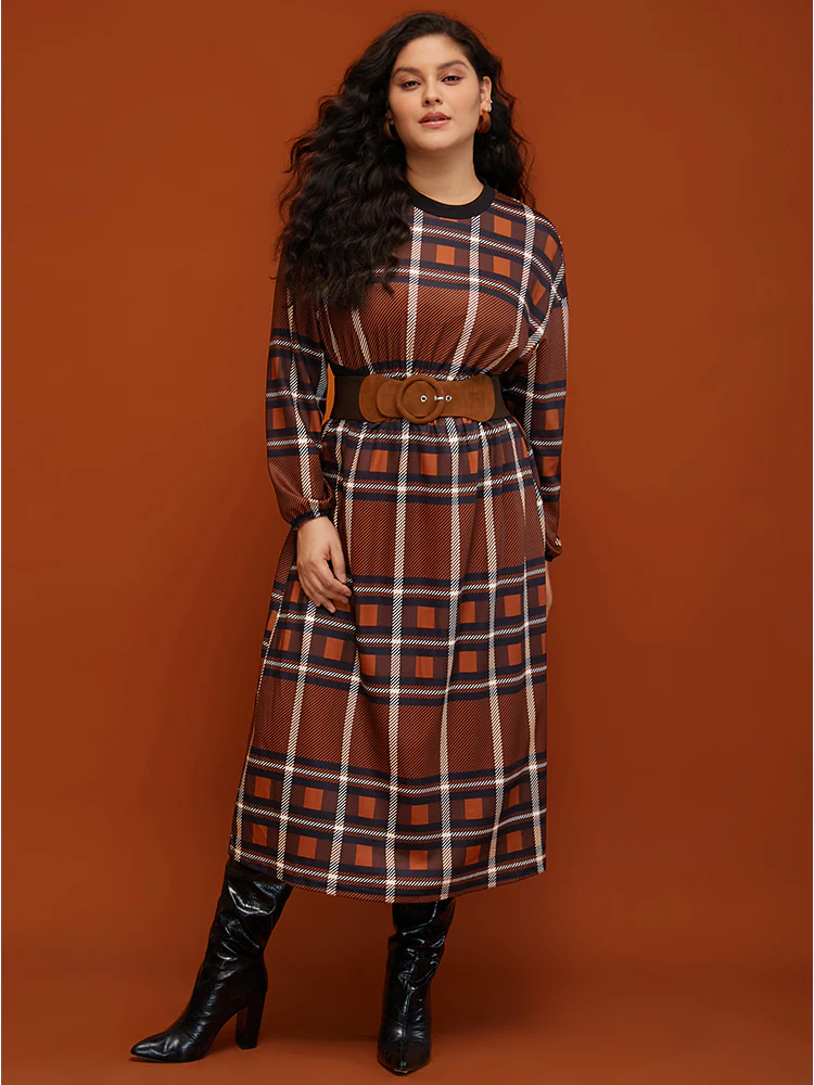 Plaid Patchwork Round Neck Lantern Sleeve Pocket Midi Dress - Image 2