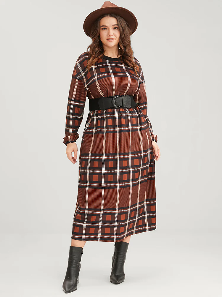 Plaid Patchwork Round Neck Lantern Sleeve Pocket Midi Dress - Image 3