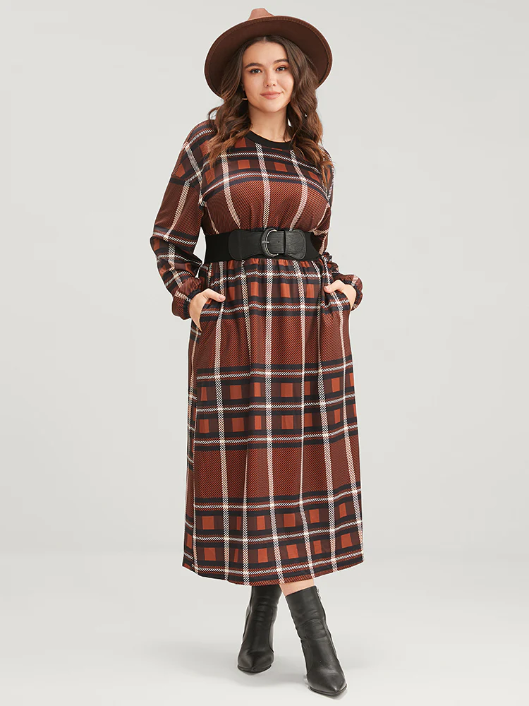 Plaid Patchwork Round Neck Lantern Sleeve Pocket Midi Dress - Image 4