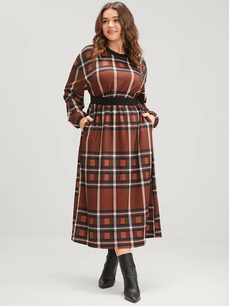 Plaid Patchwork Round Neck Lantern Sleeve Pocket Midi Dress - Image 5