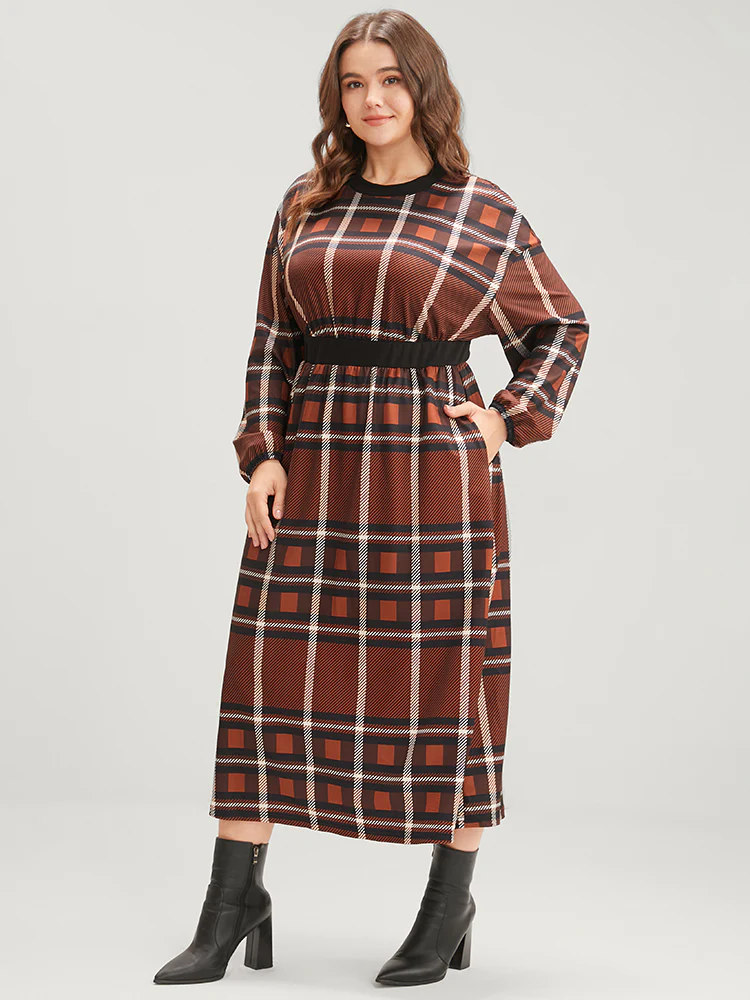 Plaid Patchwork Round Neck Lantern Sleeve Pocket Midi Dress - Image 6