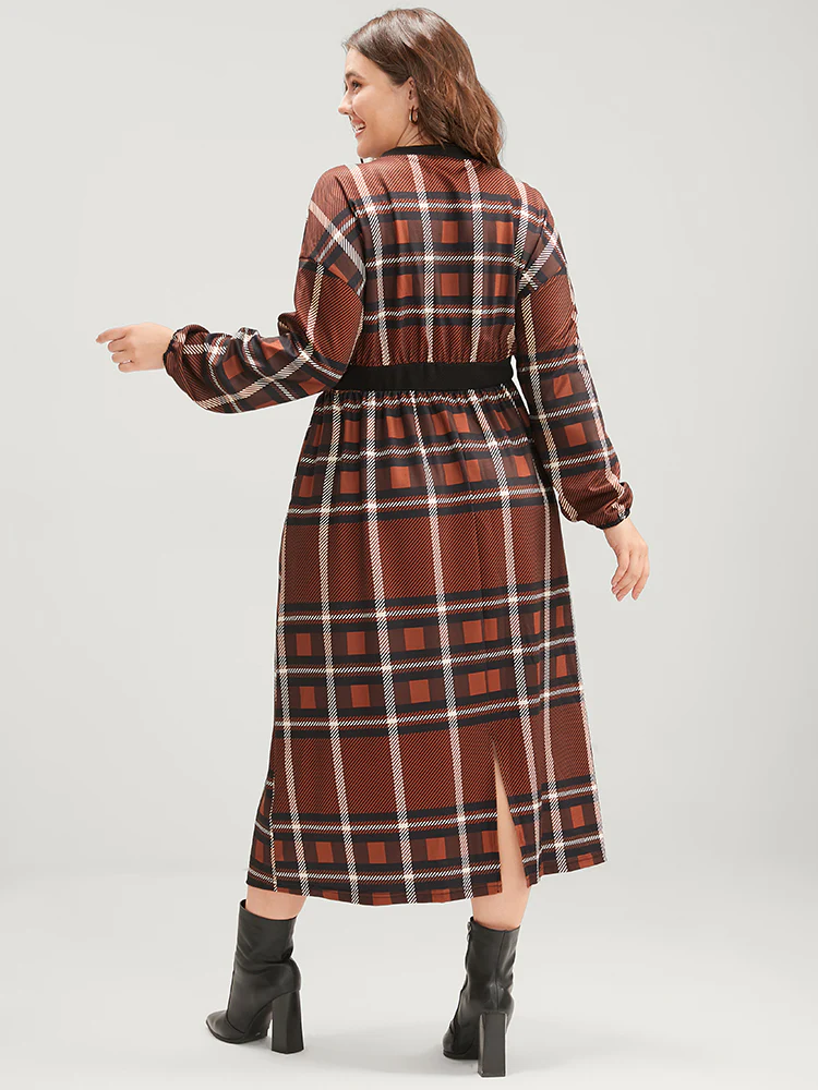 Plaid Patchwork Round Neck Lantern Sleeve Pocket Midi Dress - Image 7