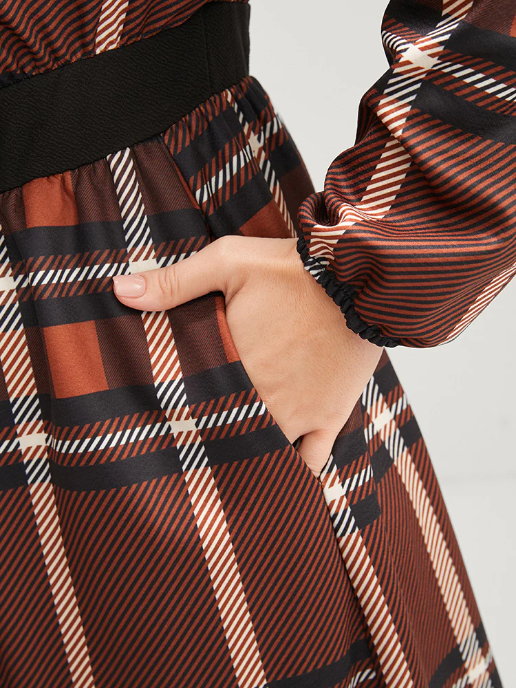 Plaid Patchwork Round Neck Lantern Sleeve Pocket Midi Dress - Image 9