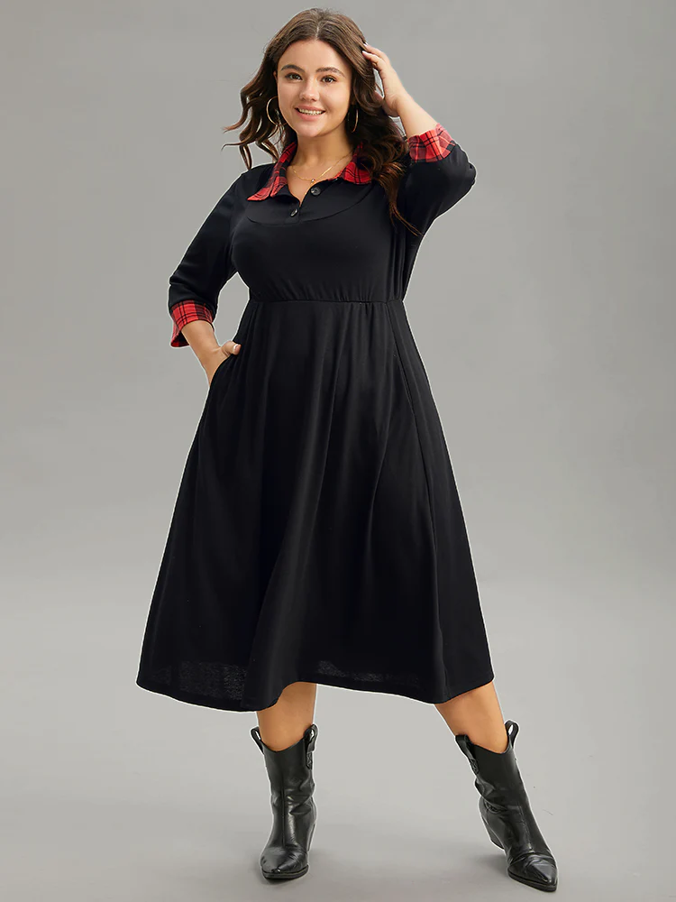 Plaid Patchwork Shirt Collar Button Up Dress - Image 3