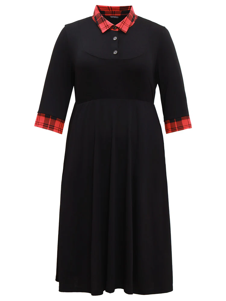 Plaid Patchwork Shirt Collar Button Up Dress - Image 5