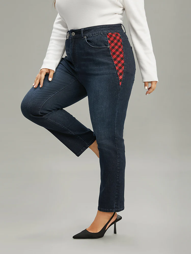 Plaid Patchwork Straight Leg Dark Wash Jeans - Image 2