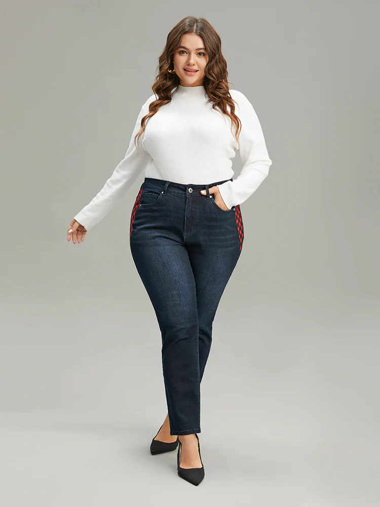 Plaid Patchwork Straight Leg Dark Wash Jeans - Image 3