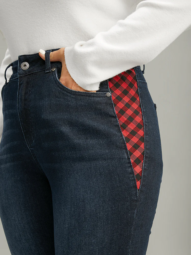 Plaid Patchwork Straight Leg Dark Wash Jeans - Image 4