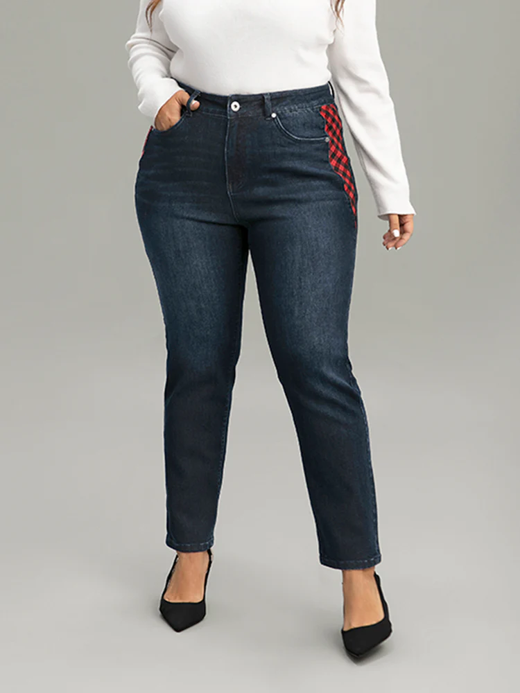Plaid Patchwork Straight Leg Dark Wash Jeans - Image 5