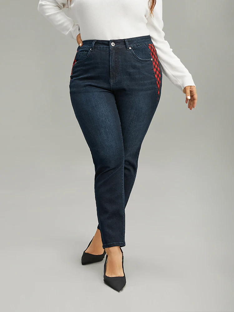 Plaid Patchwork Straight Leg Dark Wash Jeans - Image 6