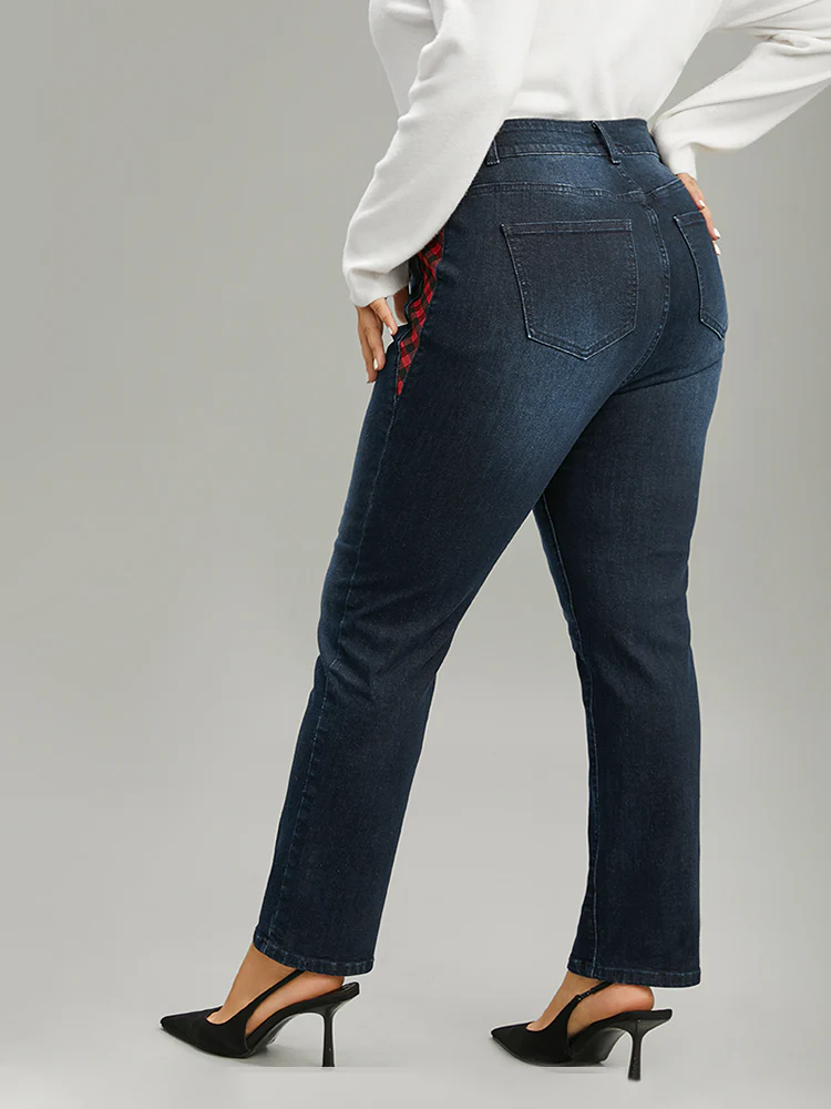 Plaid Patchwork Straight Leg Dark Wash Jeans - Image 8