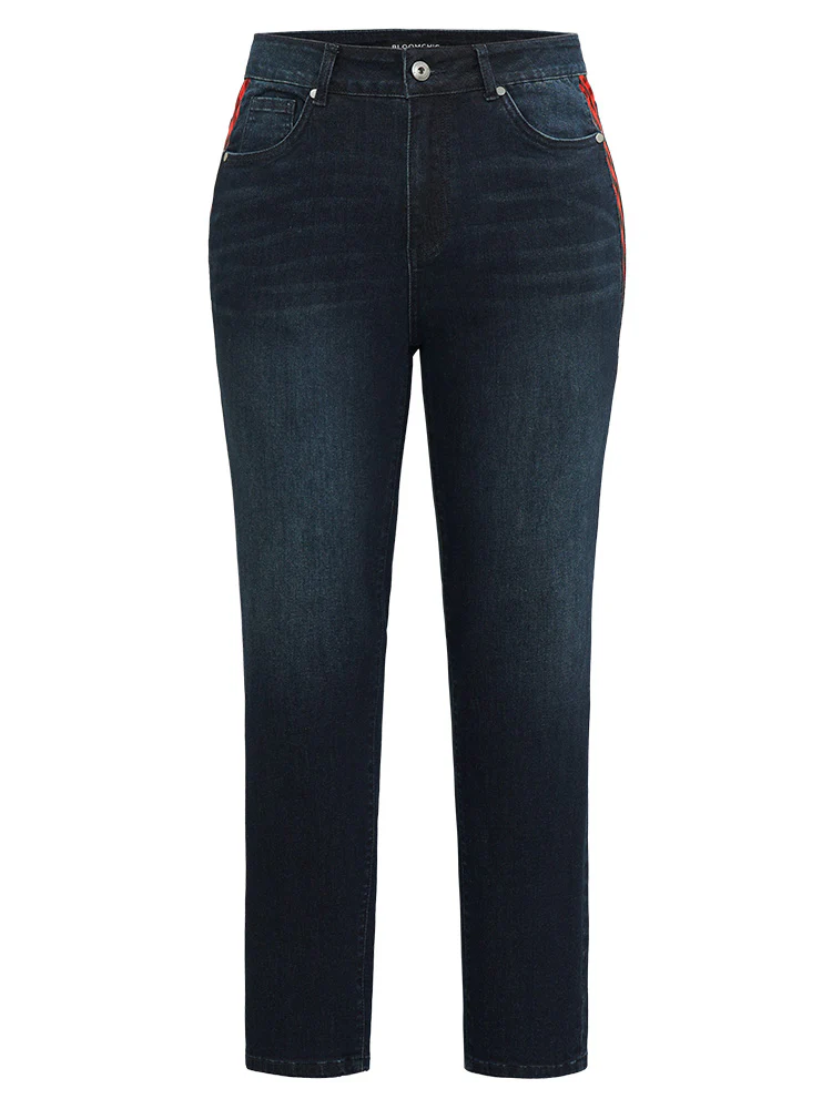 Plaid Patchwork Straight Leg Dark Wash Jeans - Image 9