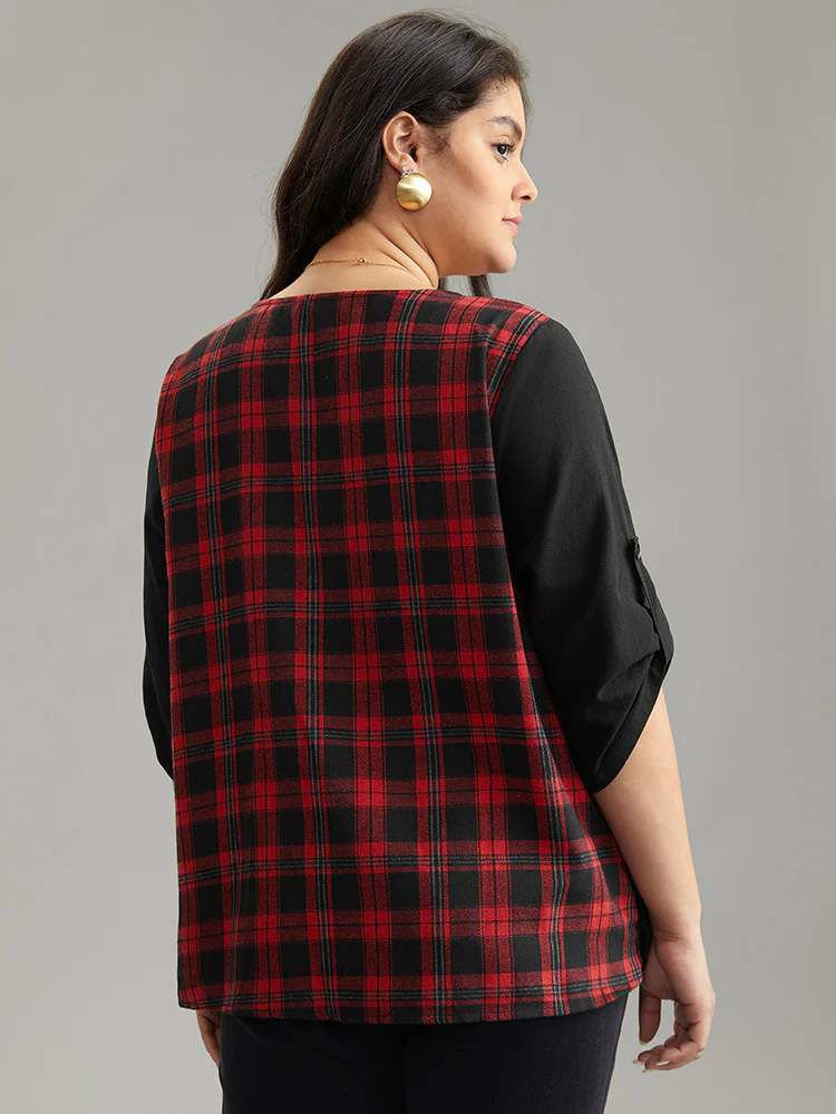 Plaid Patchwork Wrap Tab Sleeve Blouse - Image 2