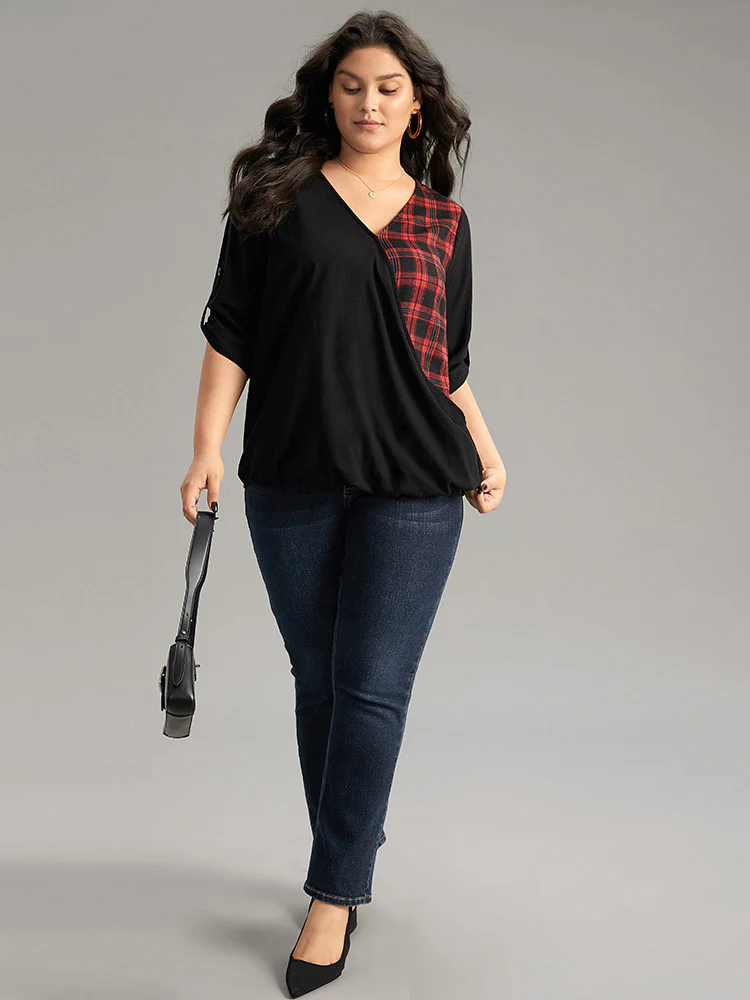 Plaid Patchwork Wrap Tab Sleeve Blouse - Image 3