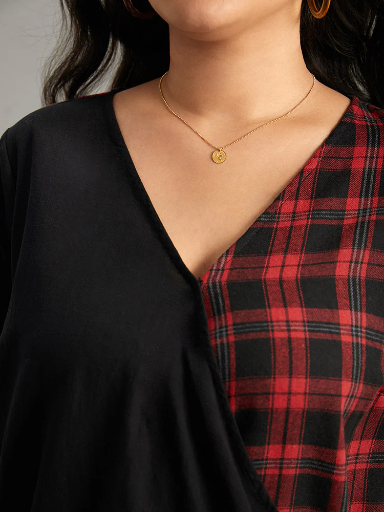 Plaid Patchwork Wrap Tab Sleeve Blouse - Image 4