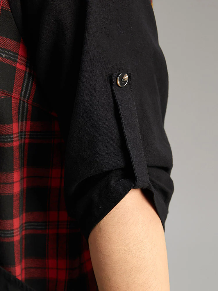 Plaid Patchwork Wrap Tab Sleeve Blouse - Image 5