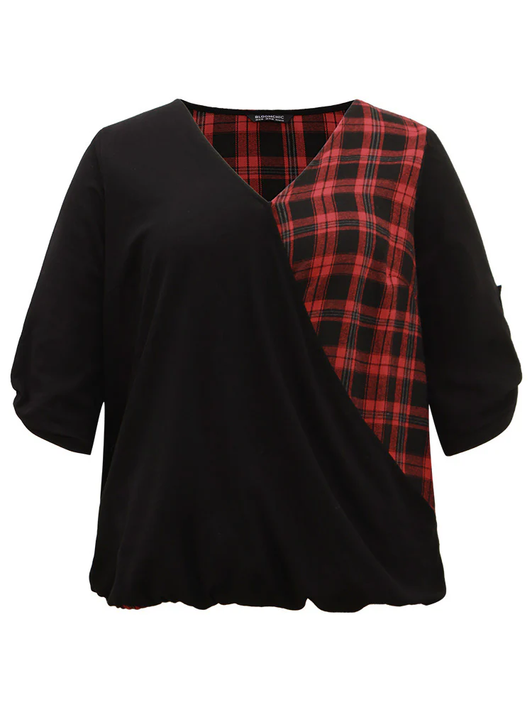 Plaid Patchwork Wrap Tab Sleeve Blouse - Image 6