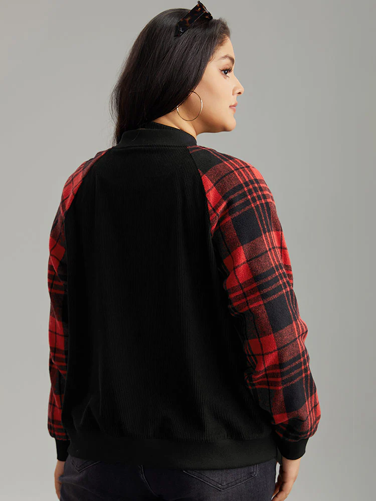 Plaid Patchwork Zipper Pocket Bomber Jacket - Image 2