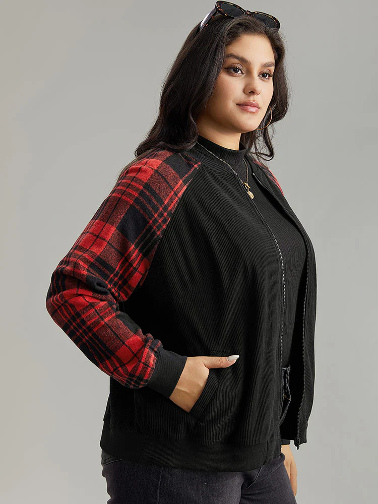 Plaid Patchwork Zipper Pocket Bomber Jacket - Image 3