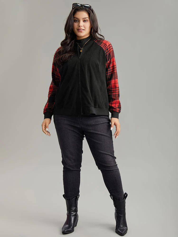 Plaid Patchwork Zipper Pocket Bomber Jacket - Image 4