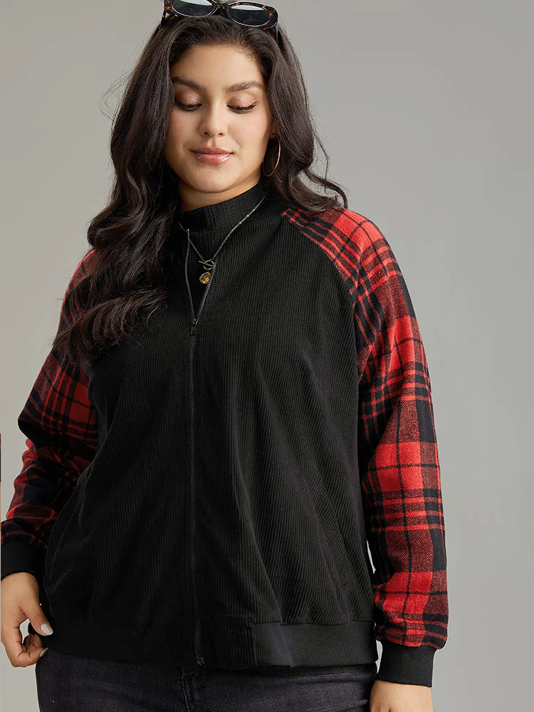 Plaid Patchwork Zipper Pocket Bomber Jacket - Image 5
