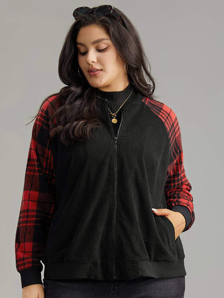 Plaid Patchwork Zipper Pocket Bomber Jacket - Image 6