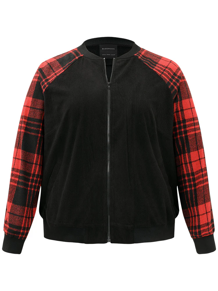 Plaid Patchwork Zipper Pocket Bomber Jacket - Image 7