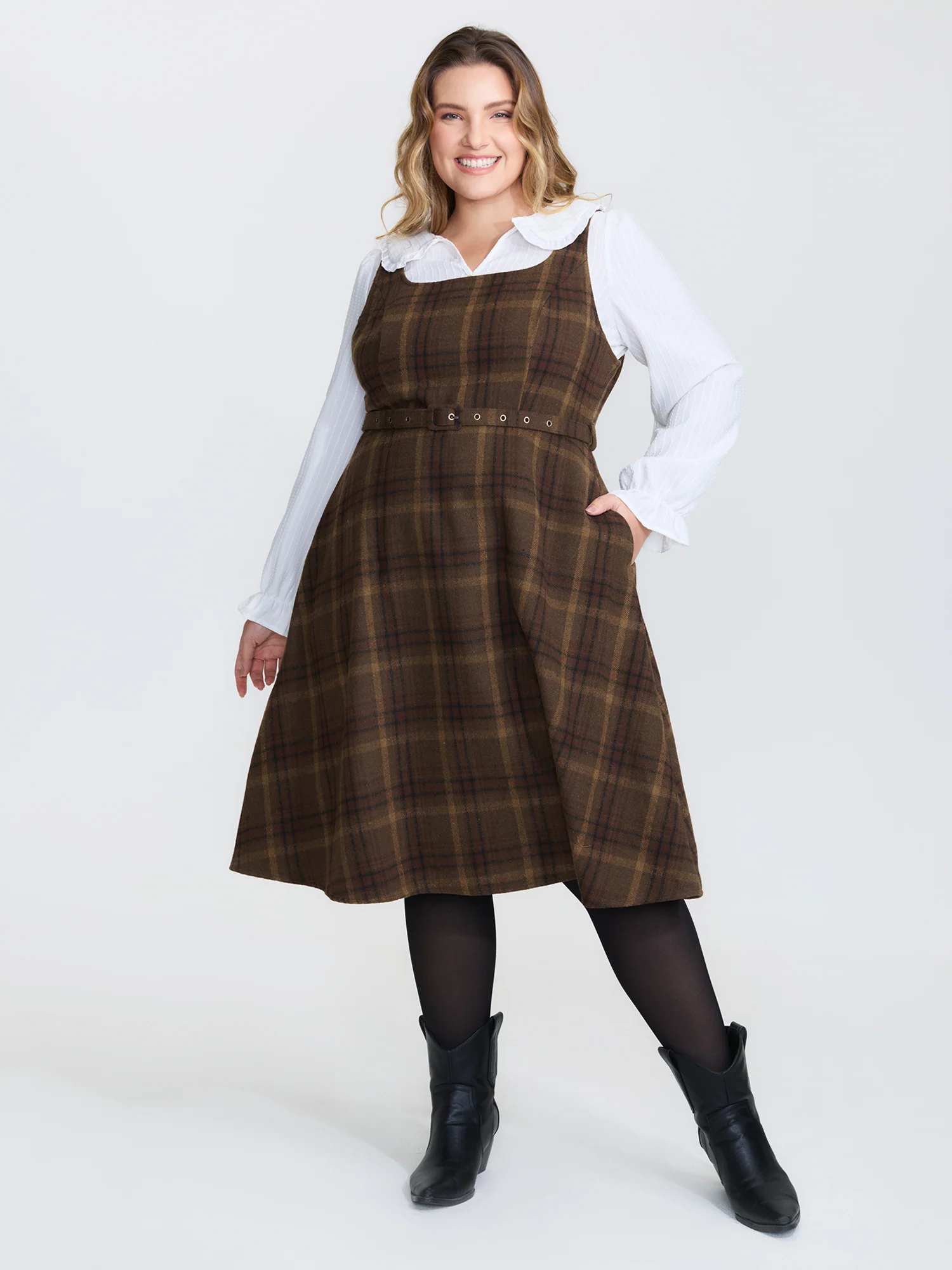 Plaid Pattern Adjustable Belt Midi Dress