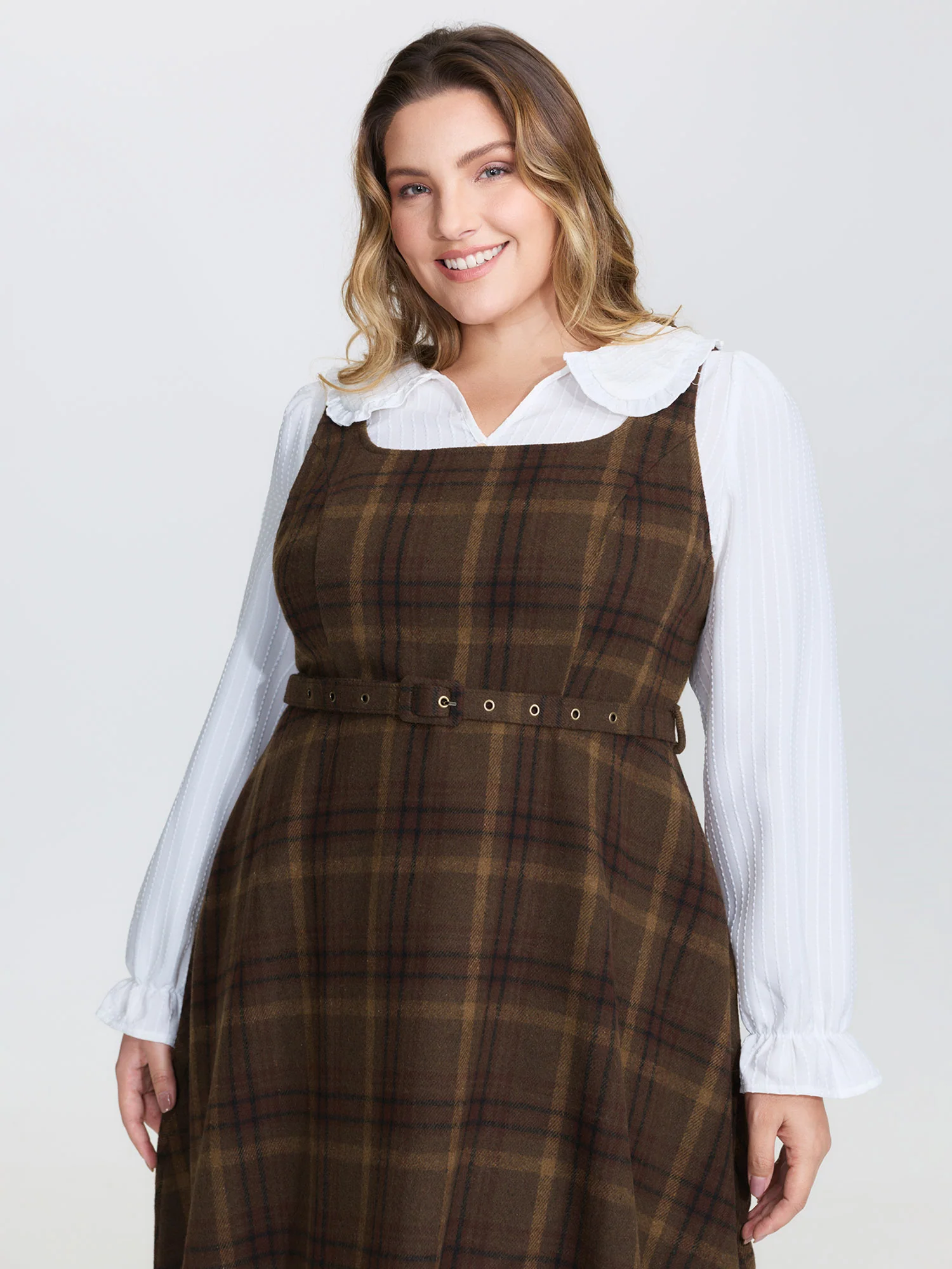 Plaid Pattern Adjustable Belt Midi Dress - Image 2