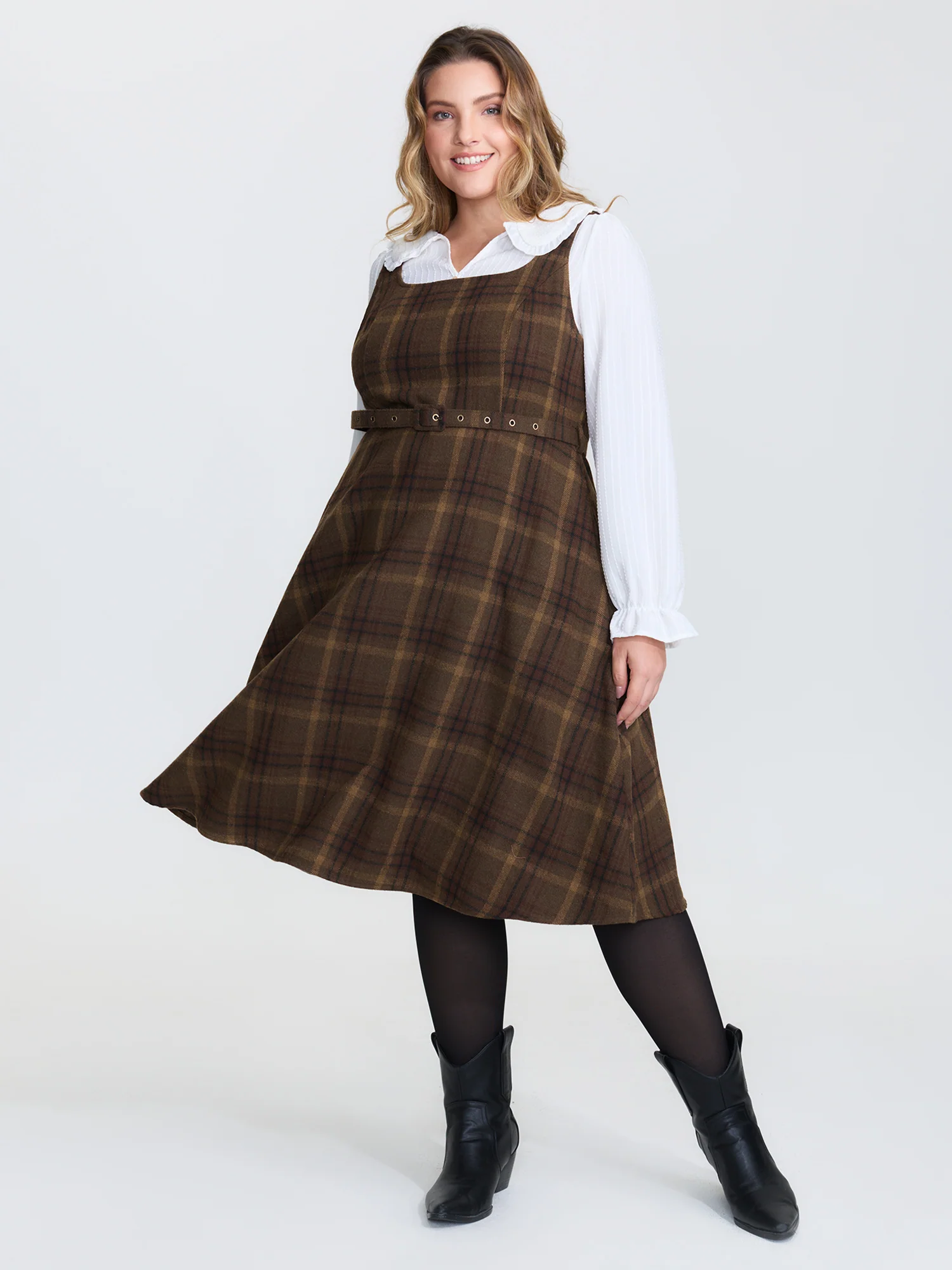 Plaid Pattern Adjustable Belt Midi Dress - Image 3