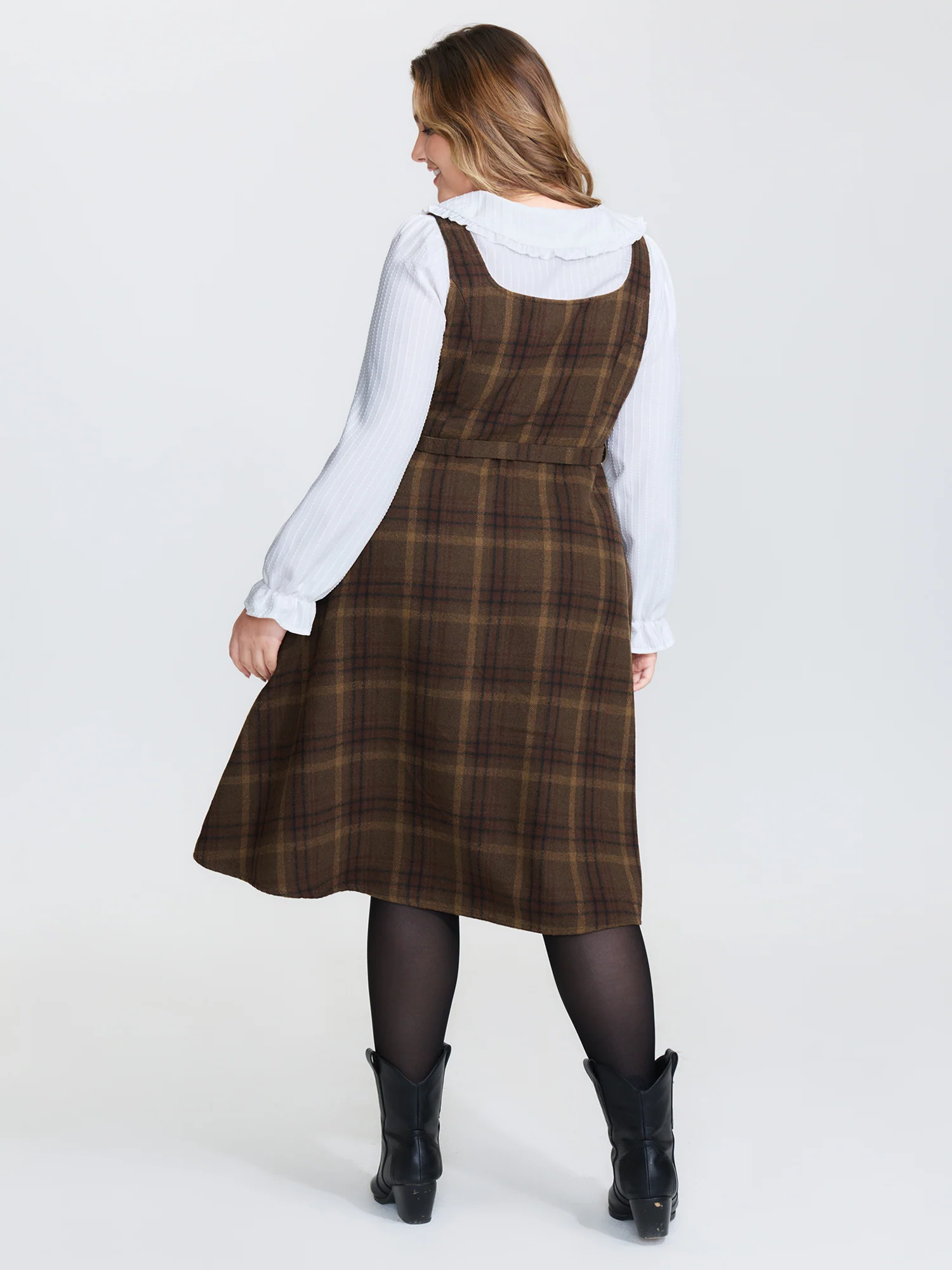 Plaid Pattern Adjustable Belt Midi Dress - Image 5