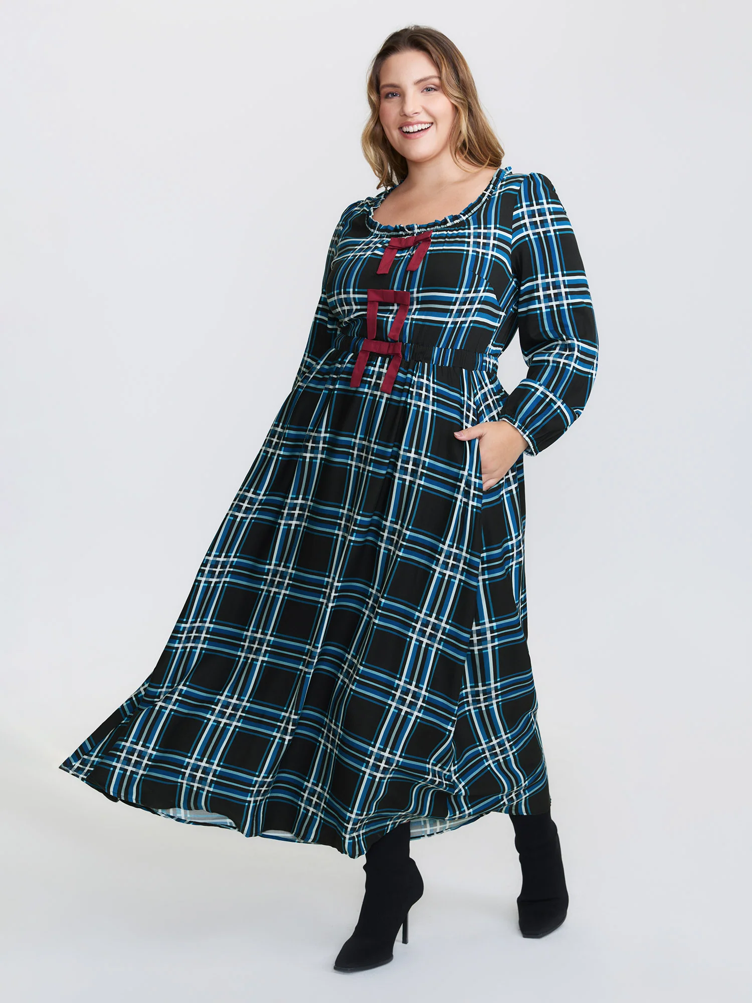 Plaid Pattern Bowknot Pockets Maxi Dress - Image 3