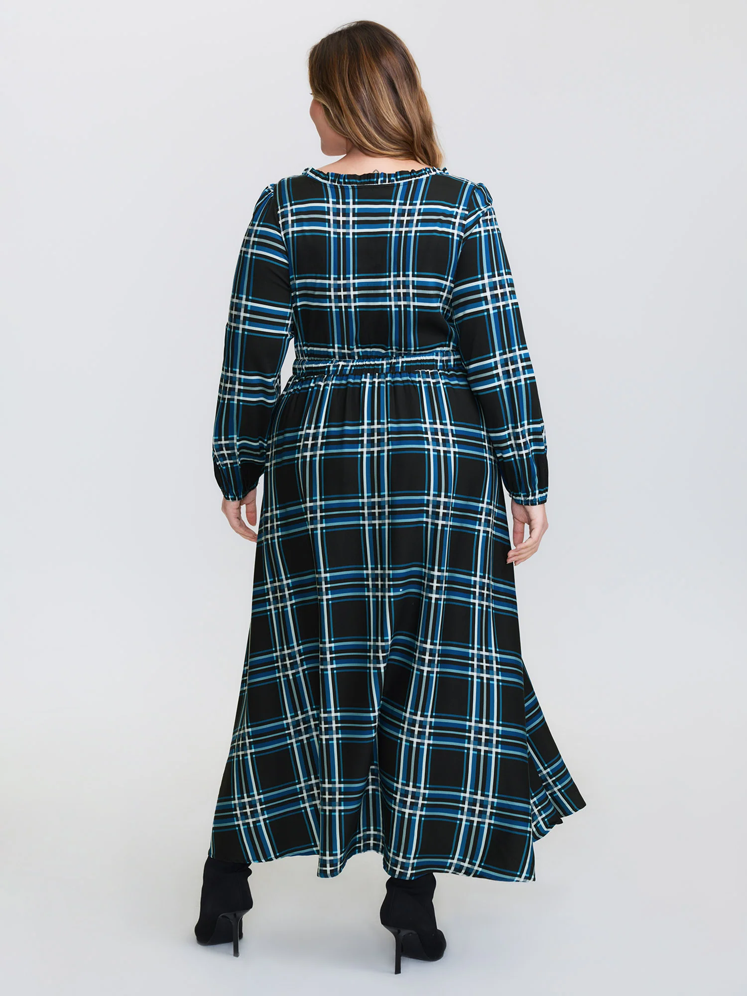 Plaid Pattern Bowknot Pockets Maxi Dress - Image 4