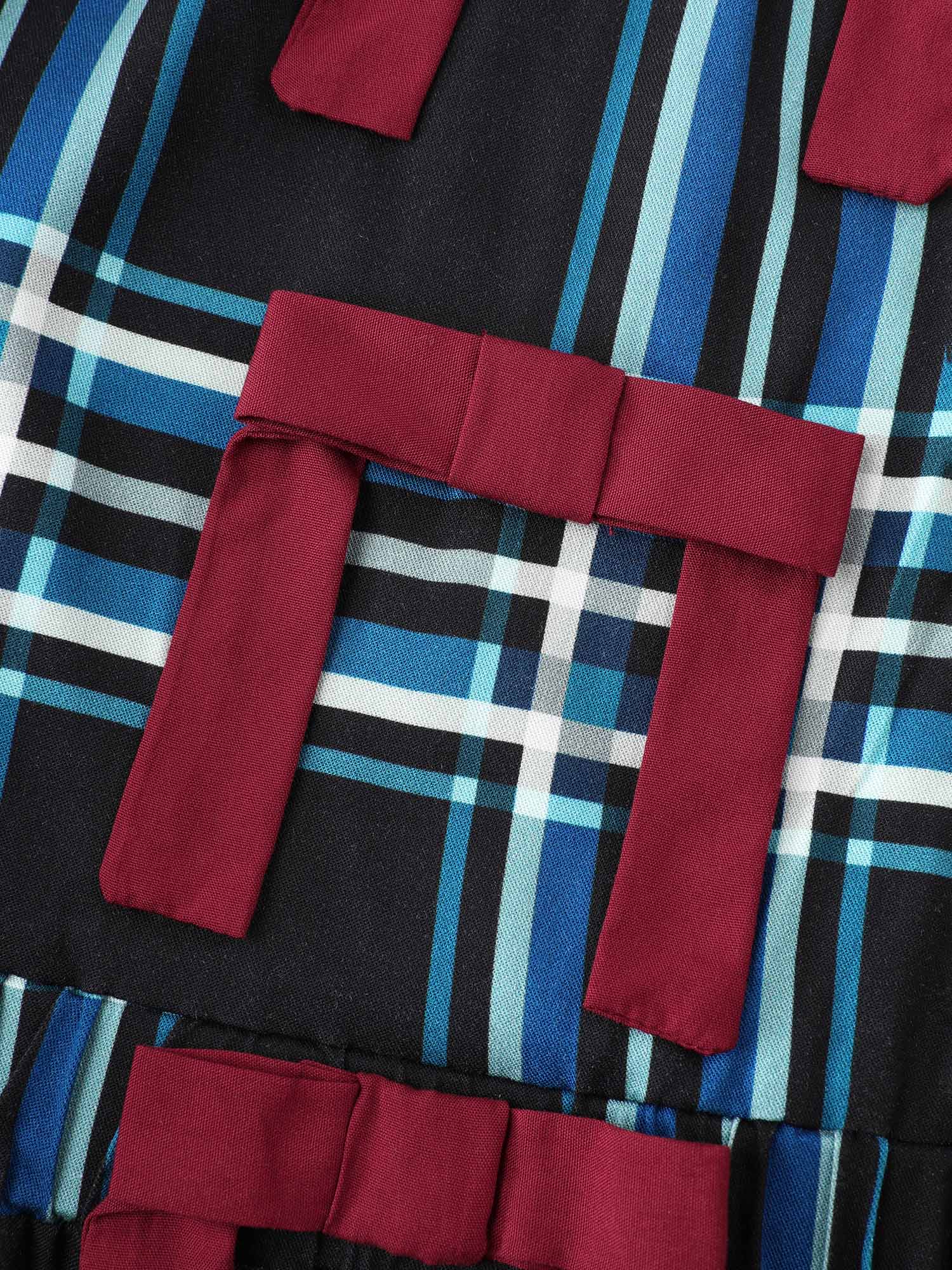 Plaid Pattern Bowknot Pockets Maxi Dress - Image 5