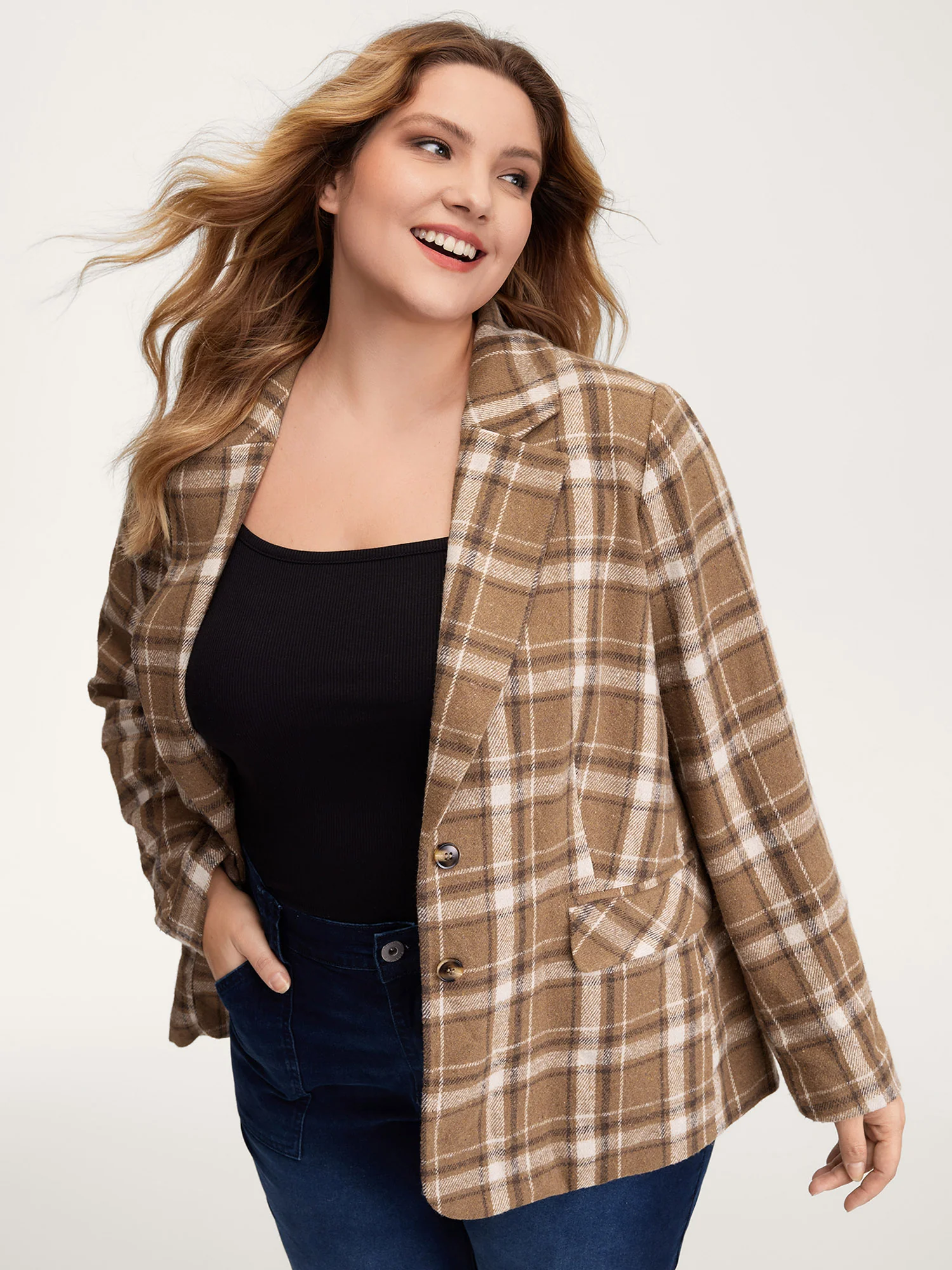 Plaid Pattern Button-Front Blazer - Image 2