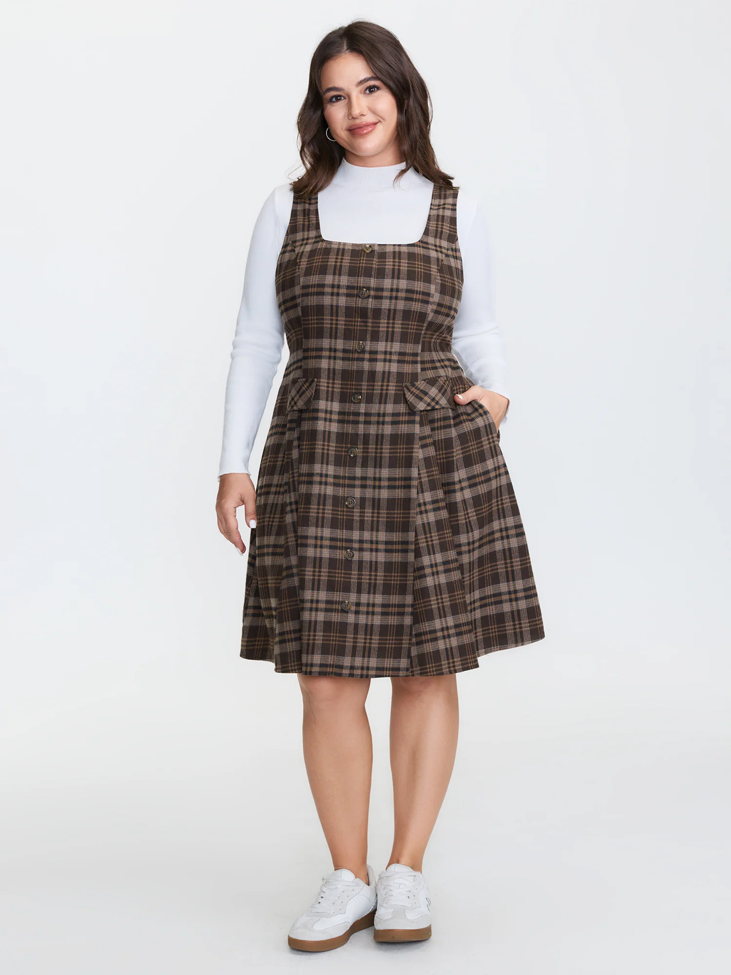 Plaid Pattern Button Pockets Mini Dress - Image 3