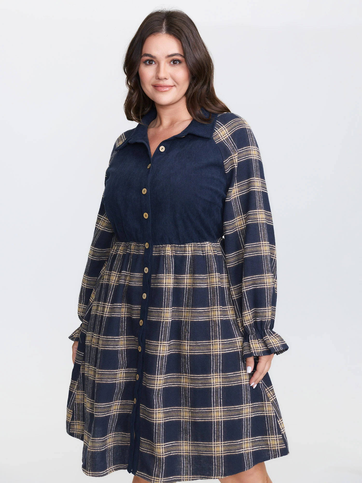 Plaid Pattern Contrast Shirt Midi Dress - Image 2