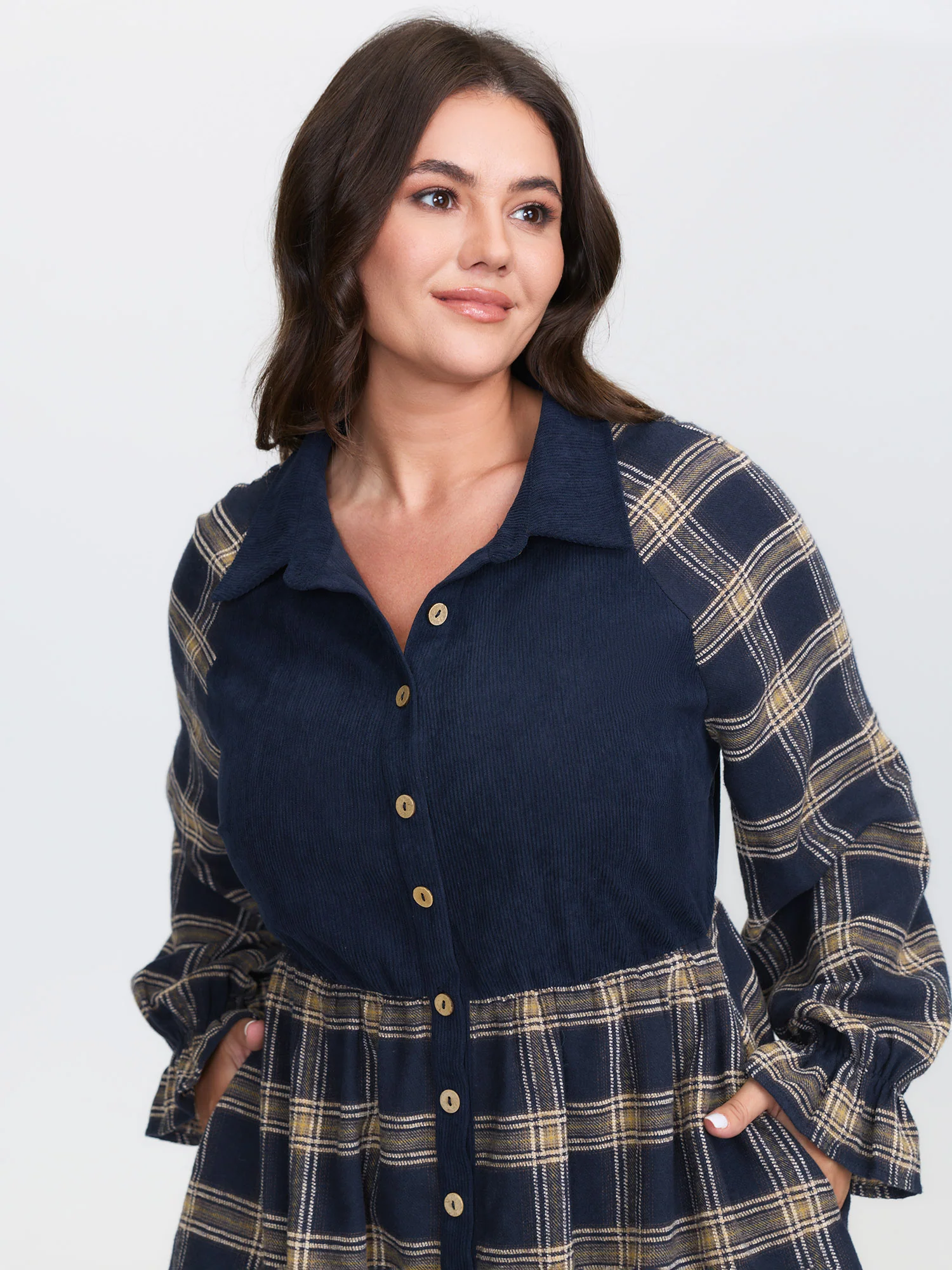 Plaid Pattern Contrast Shirt Midi Dress - Image 3
