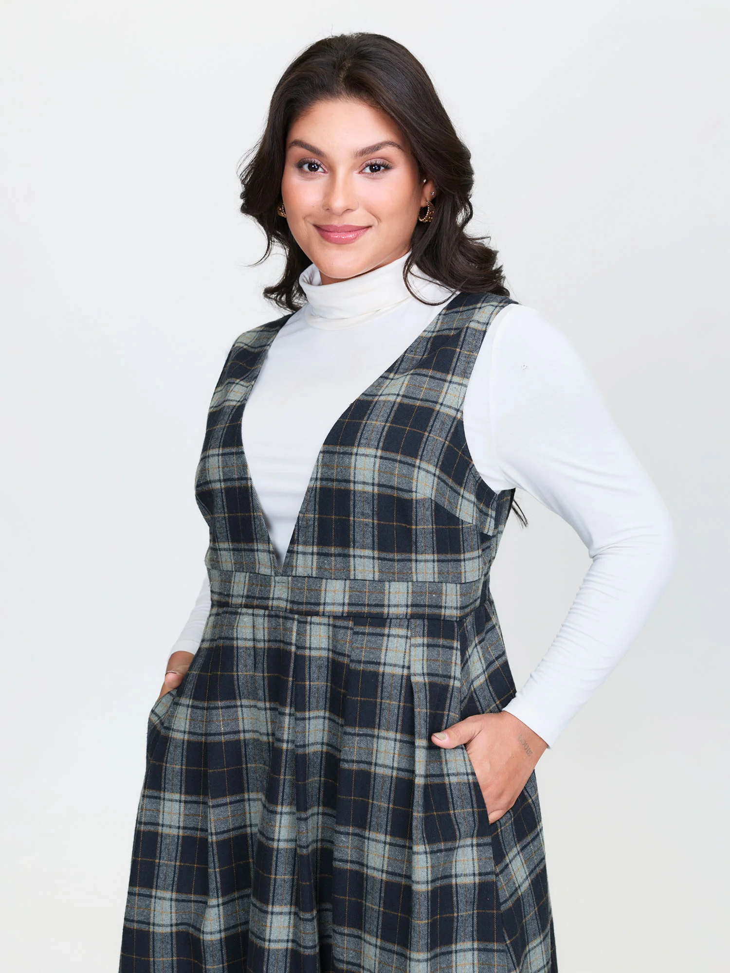 Plaid Pattern Deep V-Neck Midi Dress - Image 2
