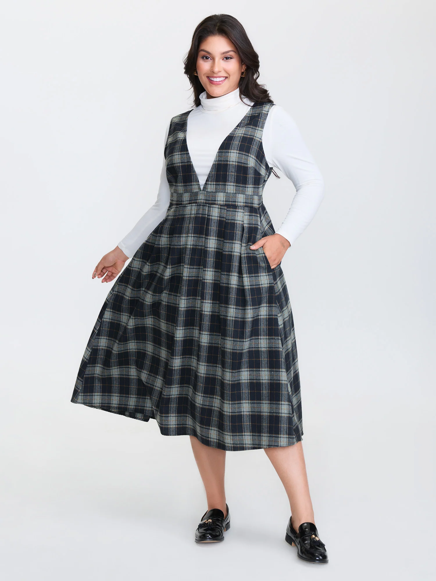 Plaid Pattern Deep V-Neck Midi Dress - Image 3