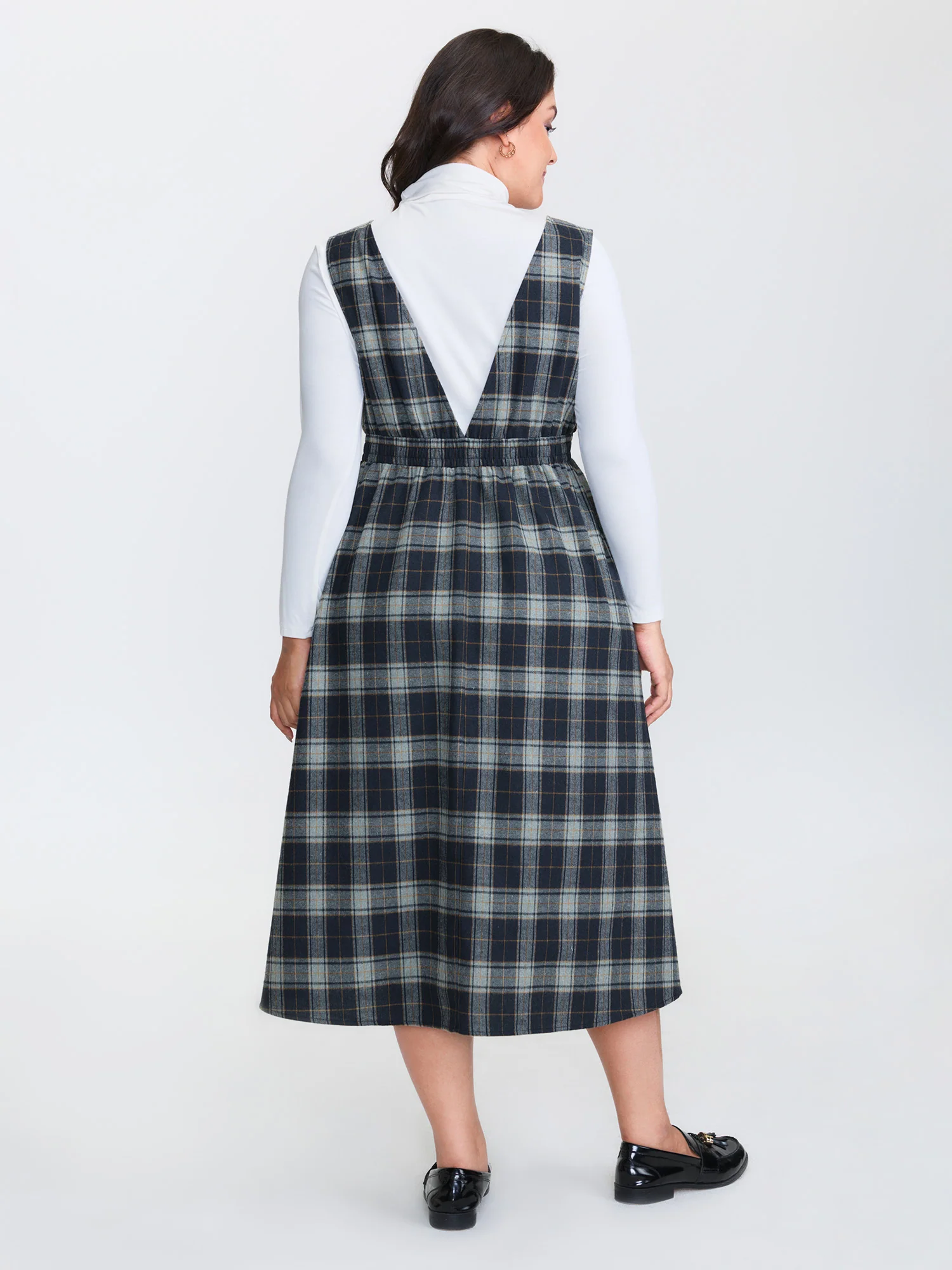Plaid Pattern Deep V-Neck Midi Dress - Image 4