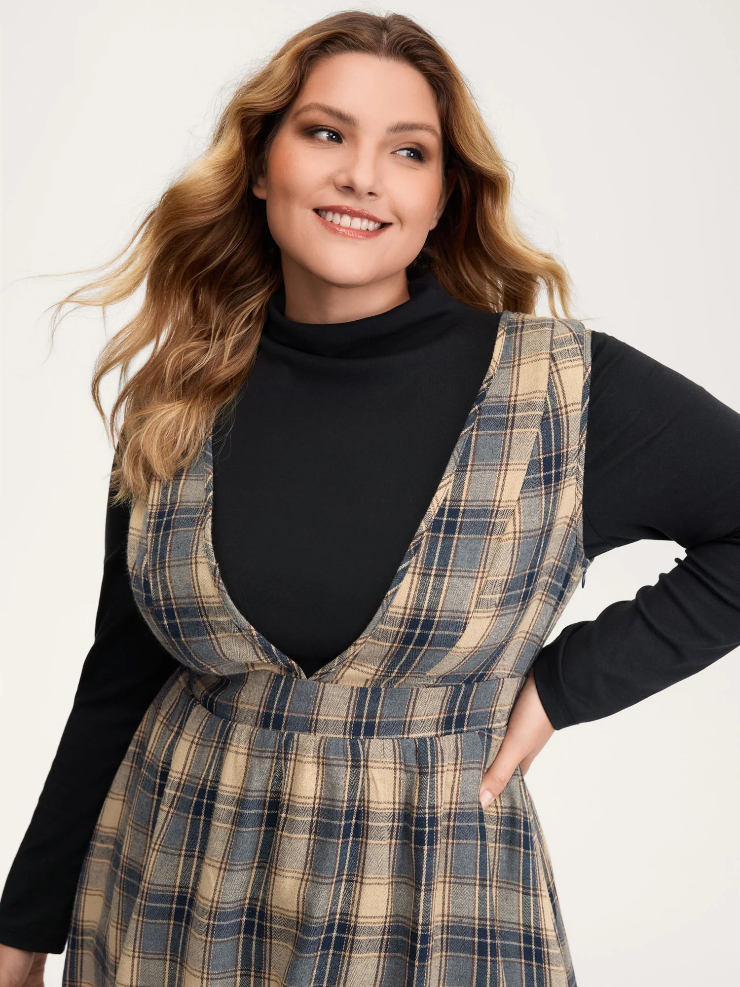 Plaid Pattern Deep V-Neckline Midi Dress - Image 2